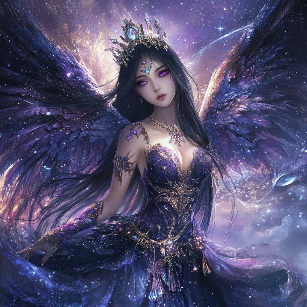 Female angel with black hair, amethyst crown, starry dress.