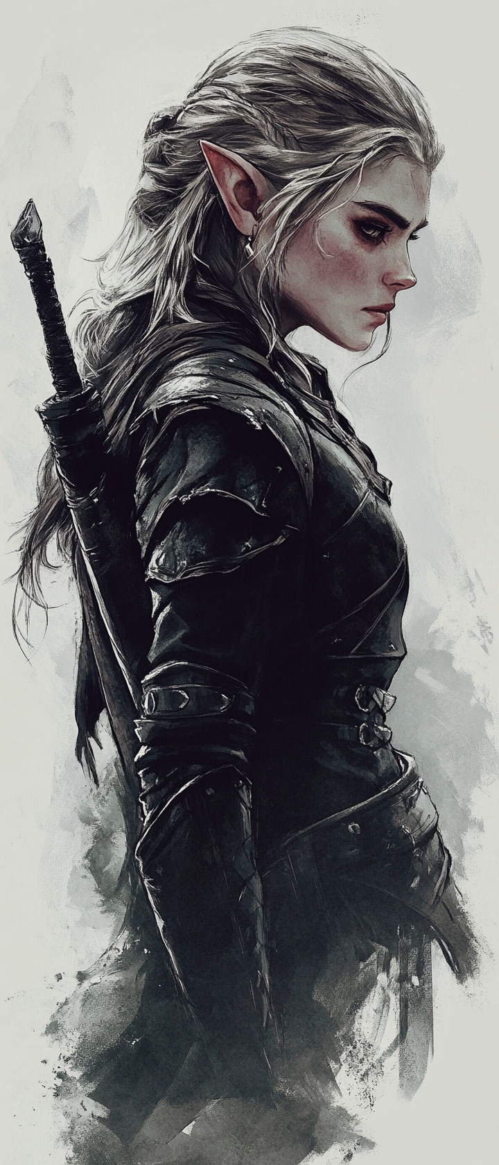 Female elf rogue in dark leather armor, looking back.