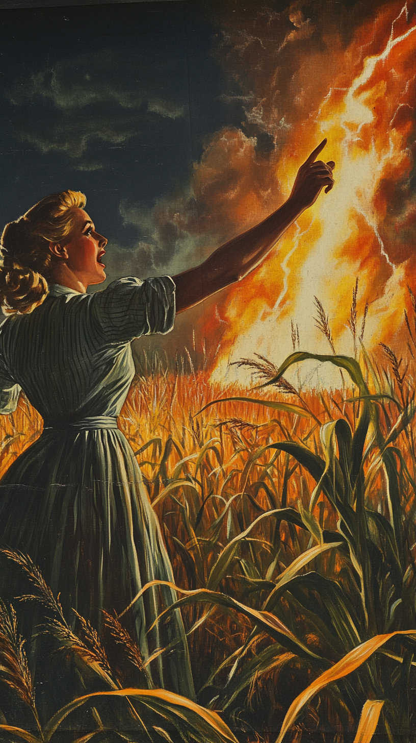 Female farmer in 1940s corn field fire storm