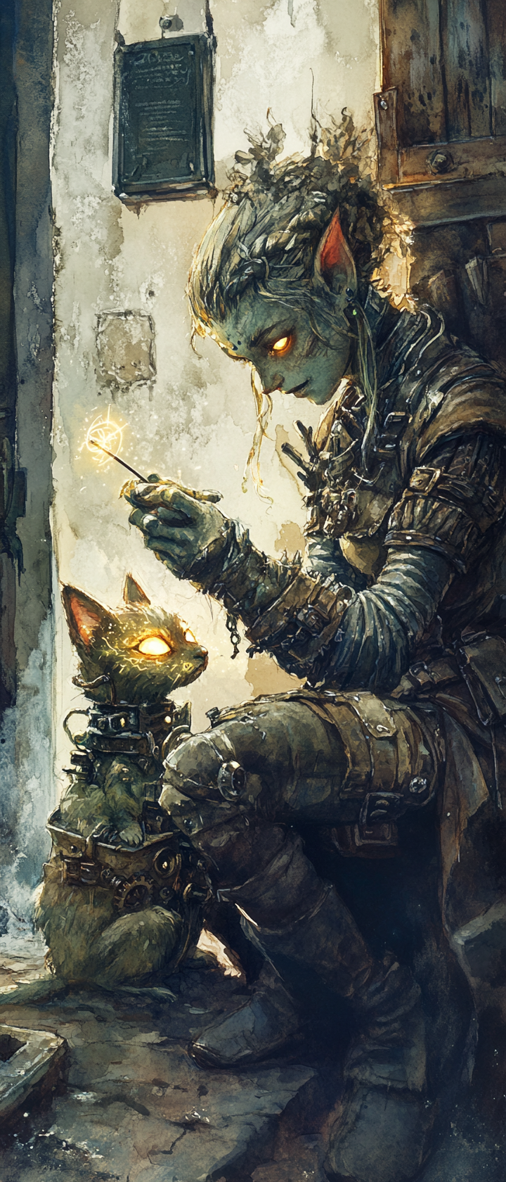 Female goblin tinker creating magic cat from metal.