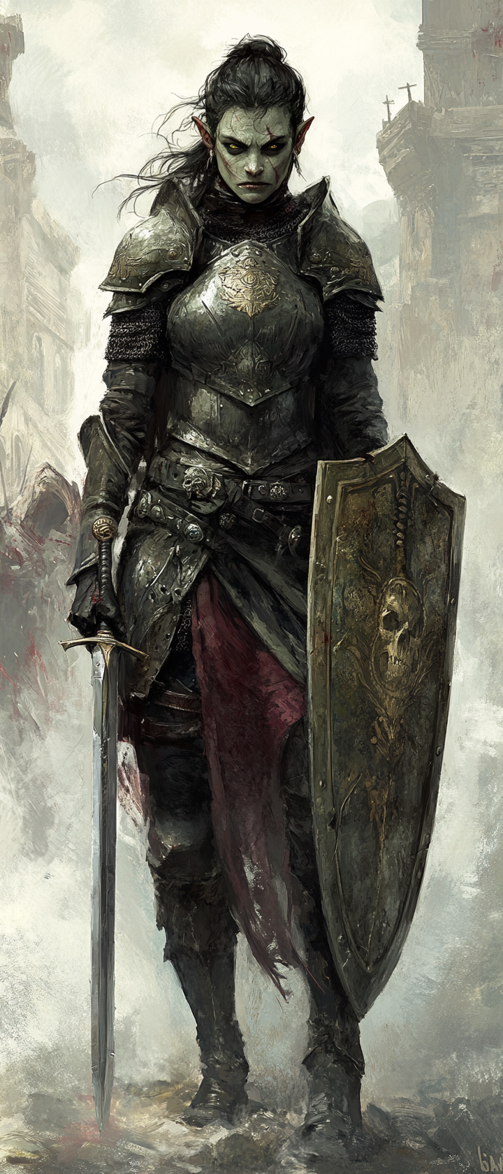 Female half orc fighter in heavy armor with sword