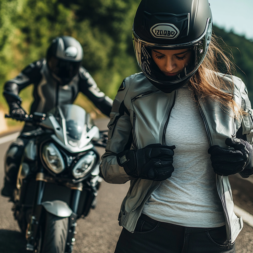 Female motorcyclist dressing with motorcycle on road mockup 