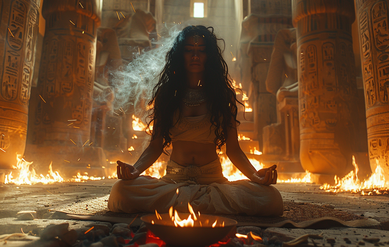 Female priest meditating by firebowl, flames flickering on skin.