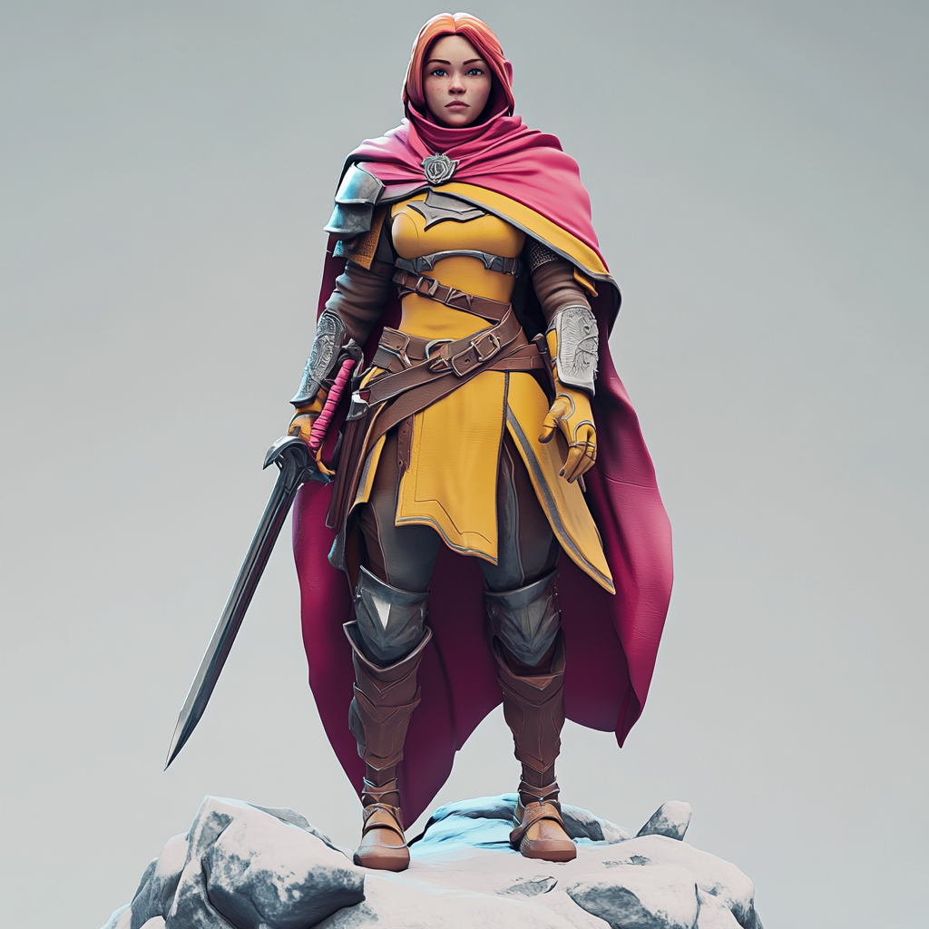 Female warrior in cloak, holds weapon, looks confident.