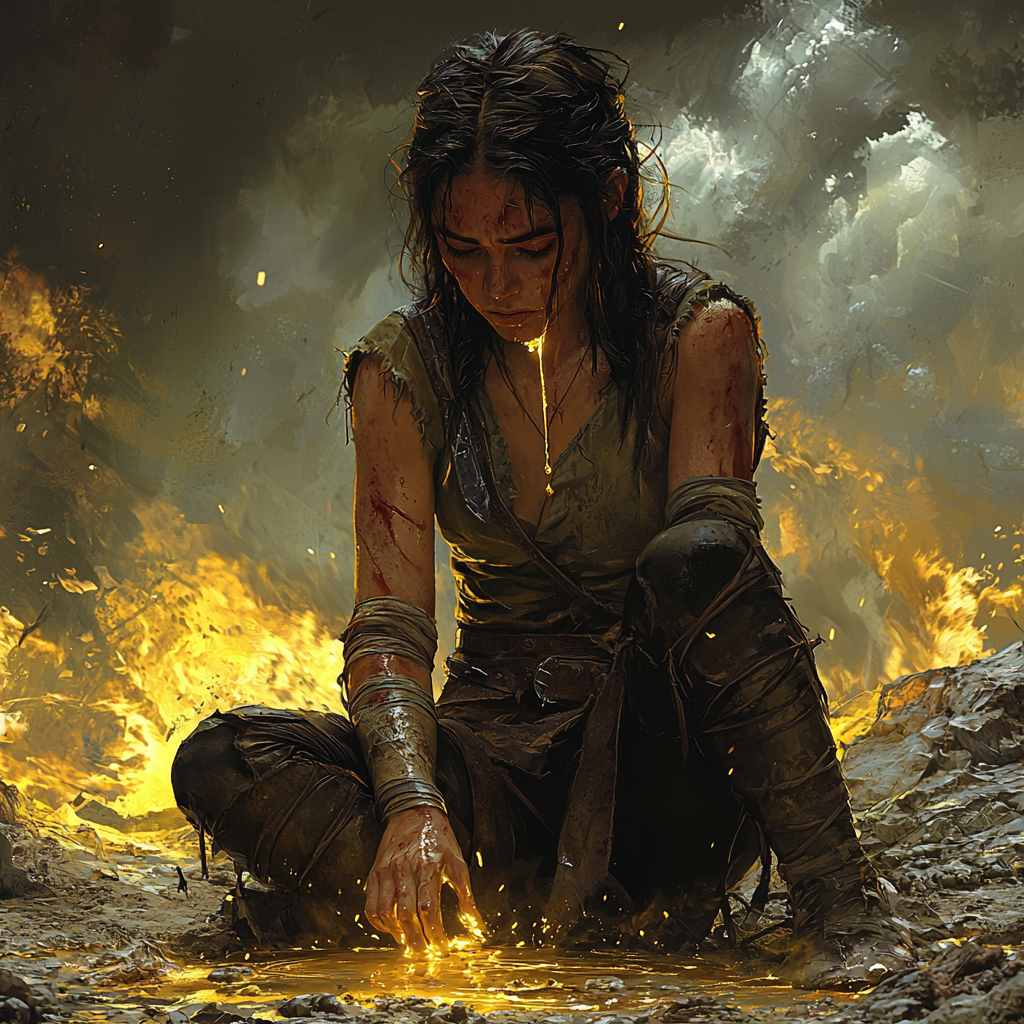 Female warrior kneels in despair, gold liquid flows.