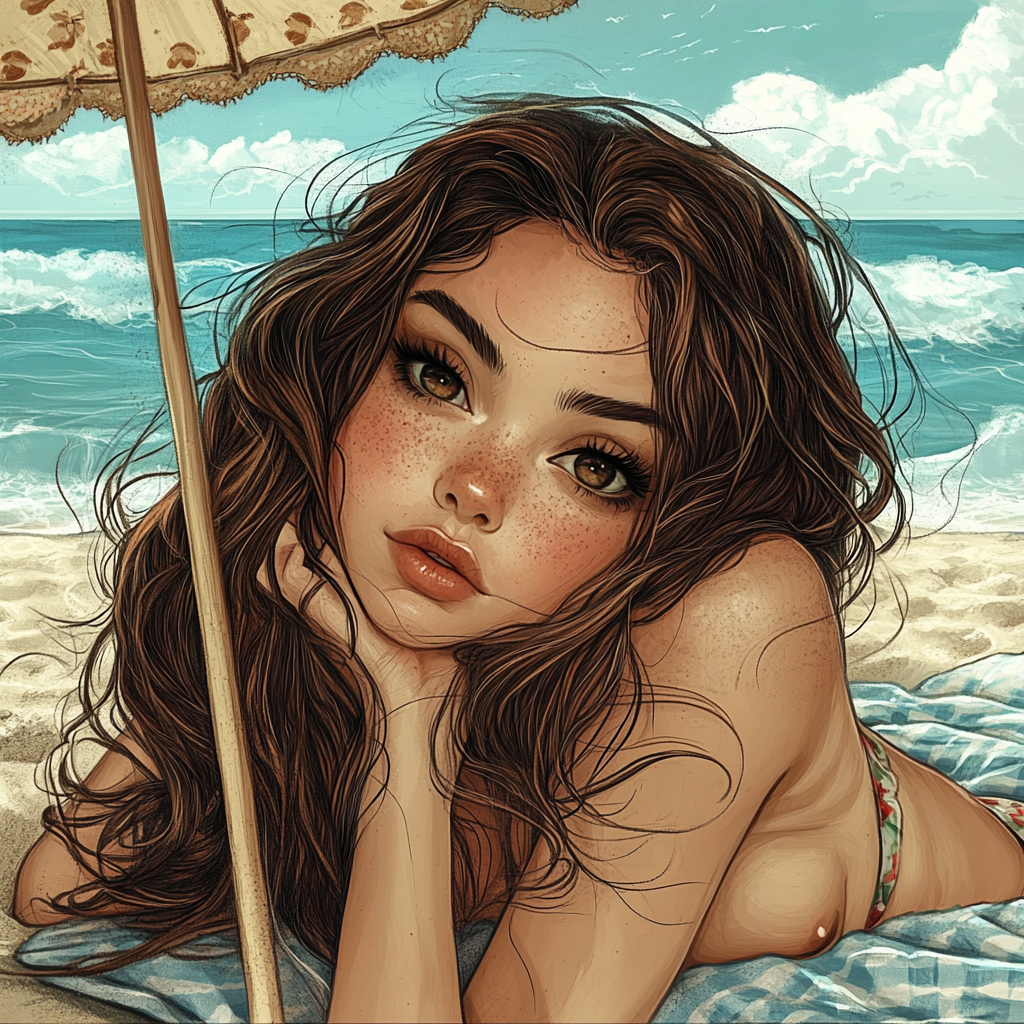 Female with brown hair, dark eyes, lounging beach scene.