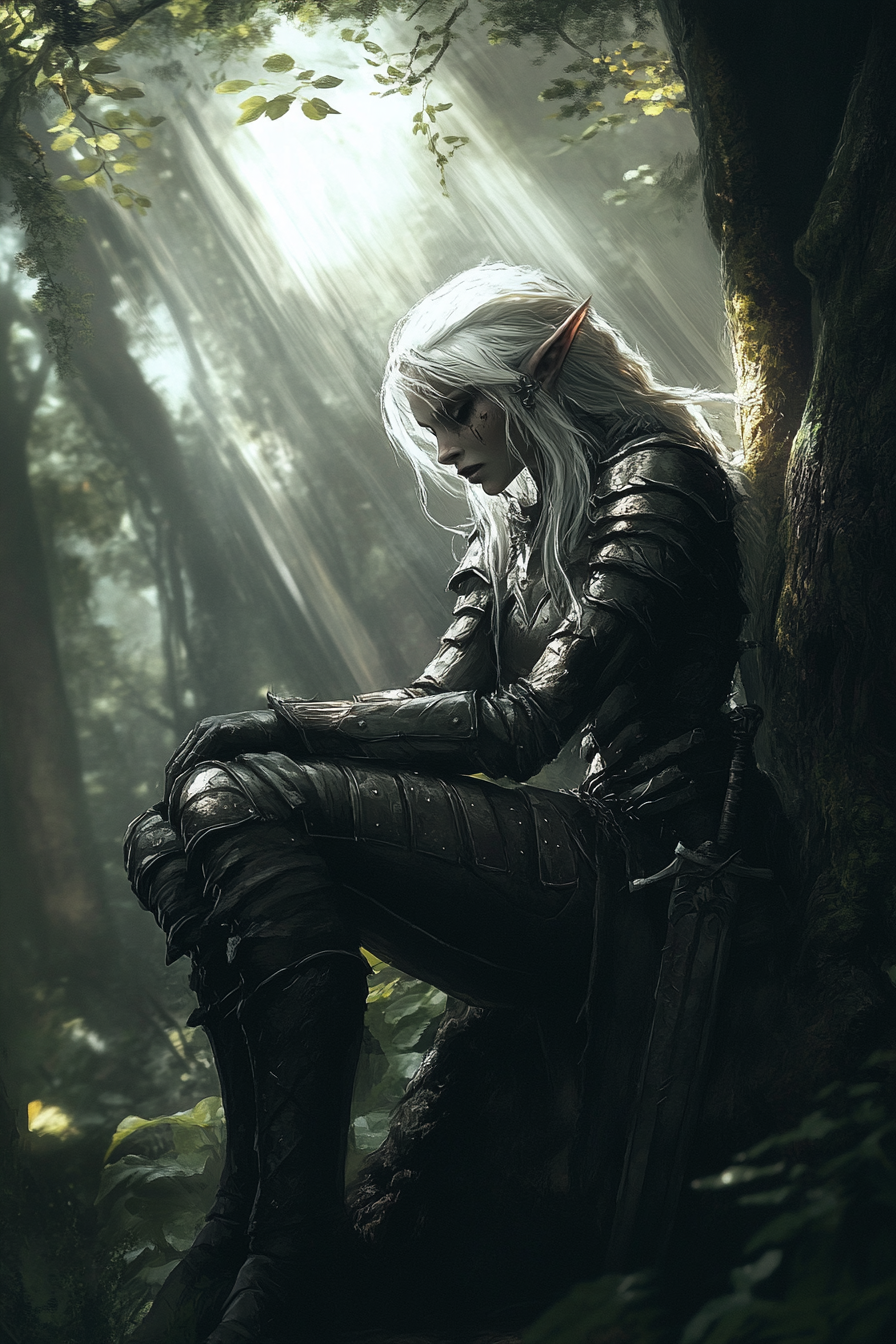 Feral drow female ranger in dark leather armor. Stalking woods.