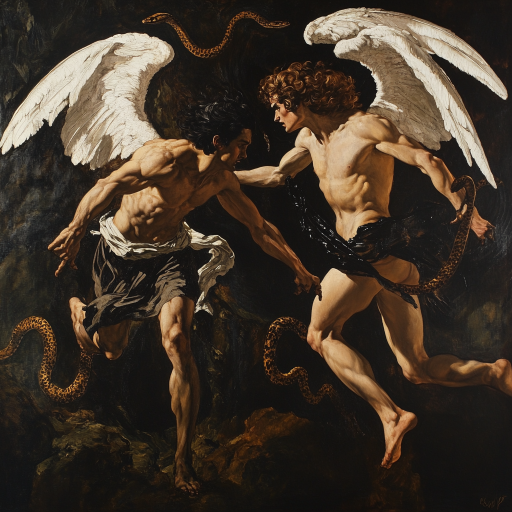 Fierce battle between winged demon and angel, dark background.