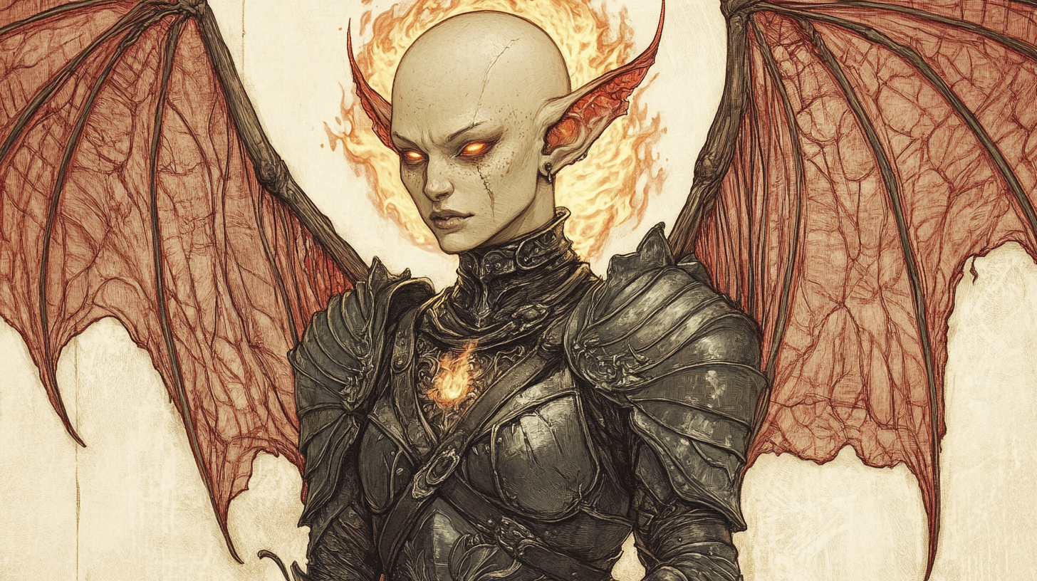 Fiery halo, short horns, armor, red eyes, wings, ears.