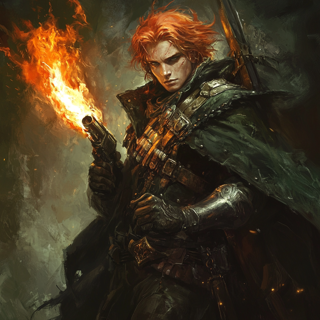 Fiery pale genasi in green cloak with rifle.