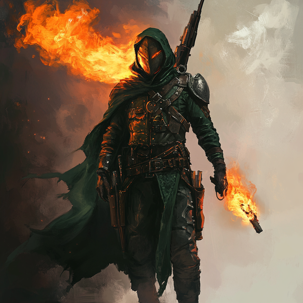 Fire genasi in green cloak, gunslinger with flame rifle.