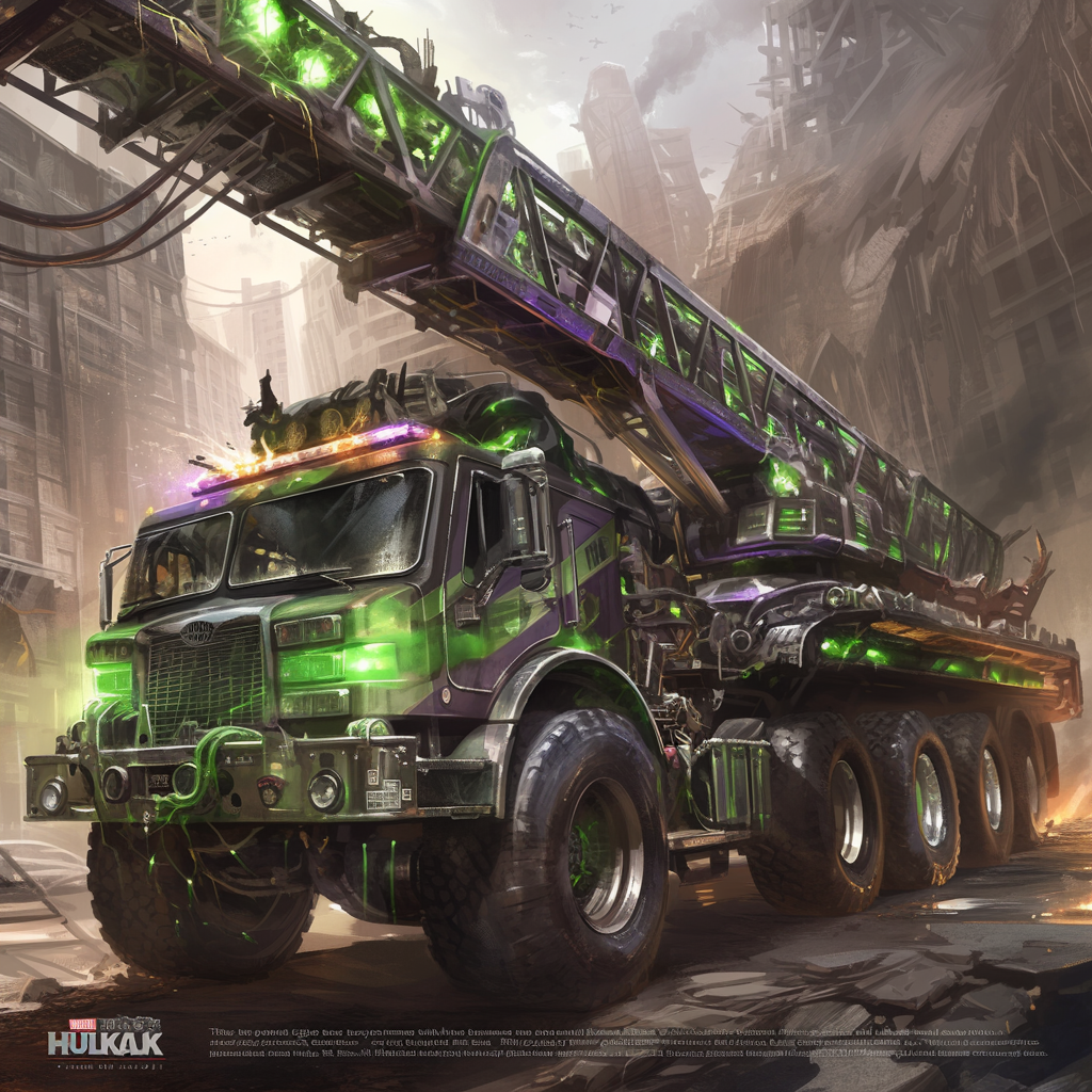 Fire truck transformed into Hulk: green, purple colors, reinforced.