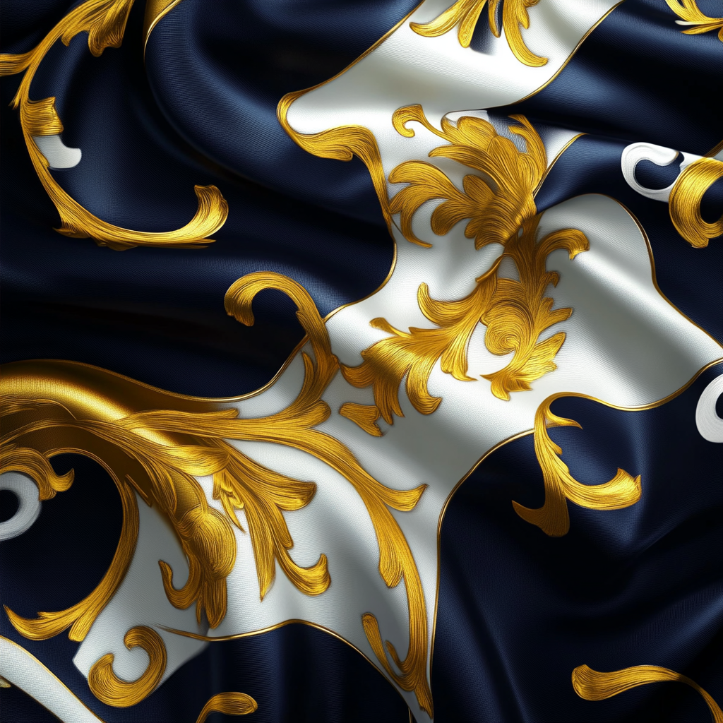 Flag design resembles elegant carpet in colors: dark blue, white, black, gold.