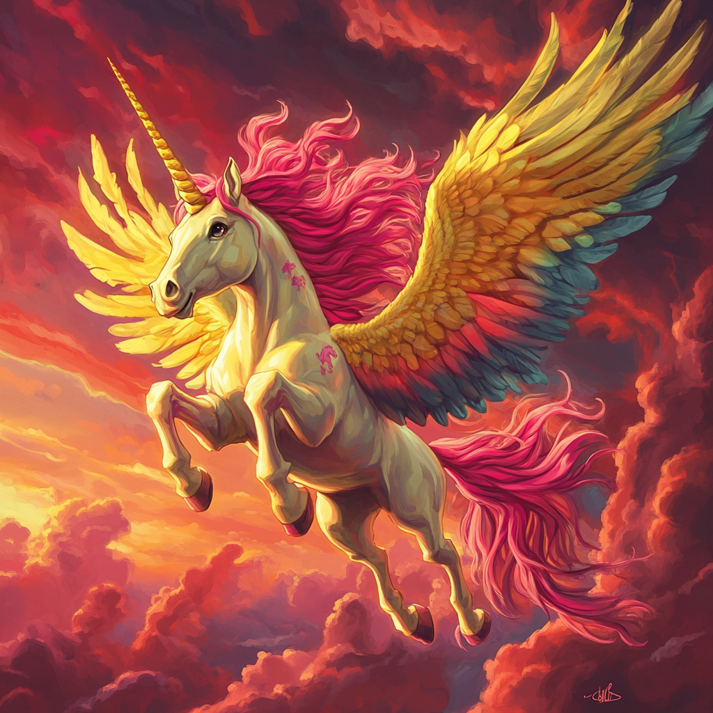 Flying unicorn with long pink hair, colorful big wings.