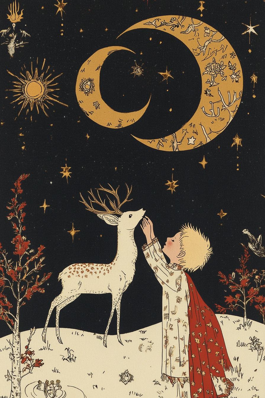 Folk Art Boy with Deer on Night Sky Background