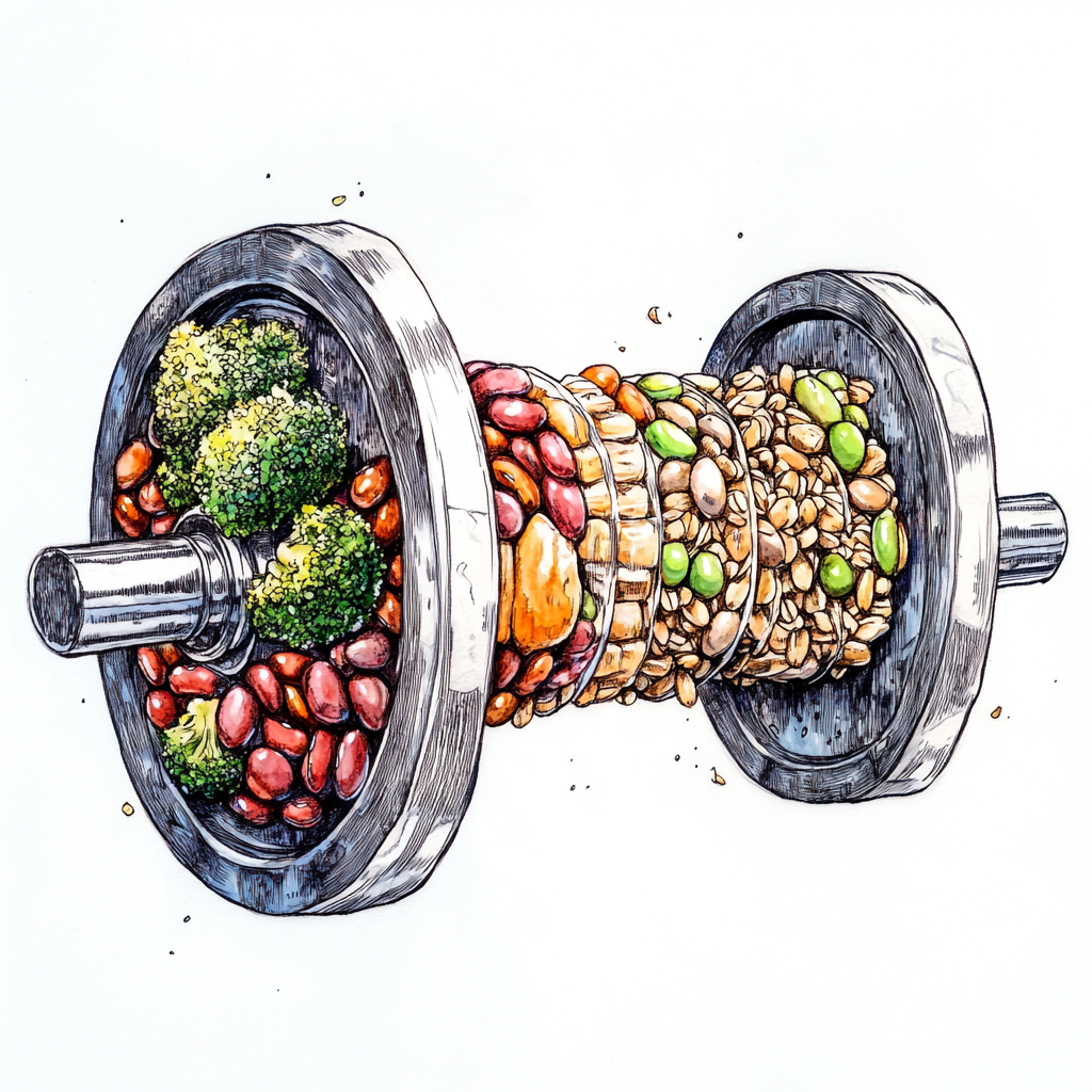 Food-filled barbell illustration with watercolor and line art.