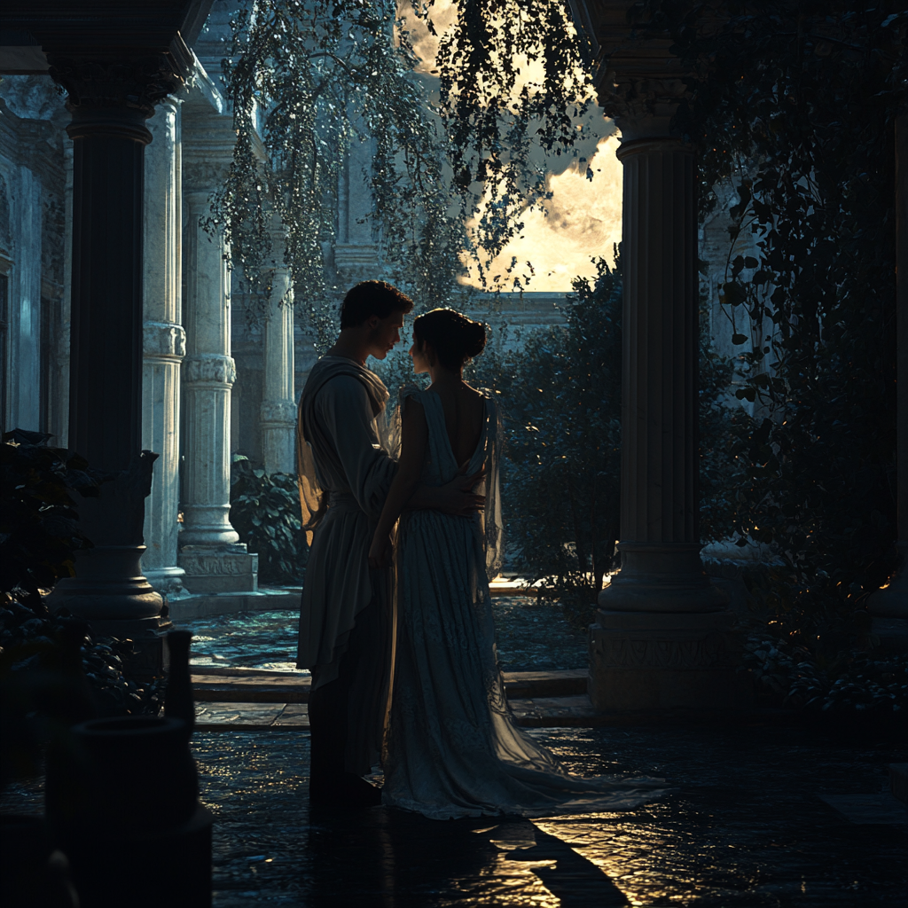 Forbidden Secret Garden Embrace at Roman Palace Night