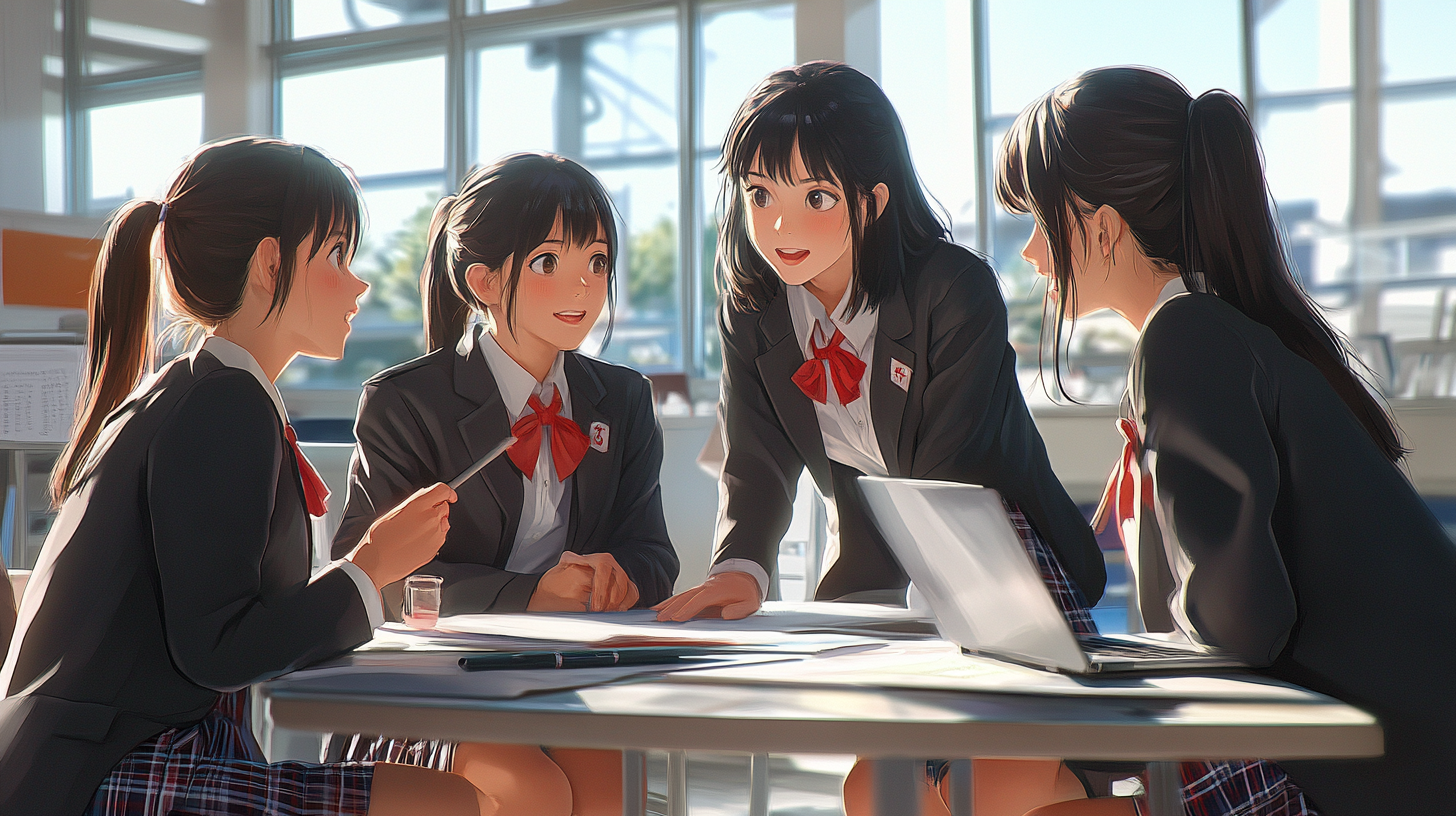 Four Japanese high school students in uniforms discussing project