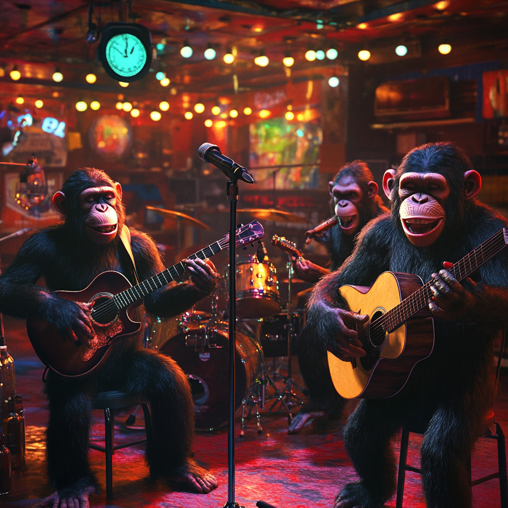 Four chimps rock band performing on colorful stage.