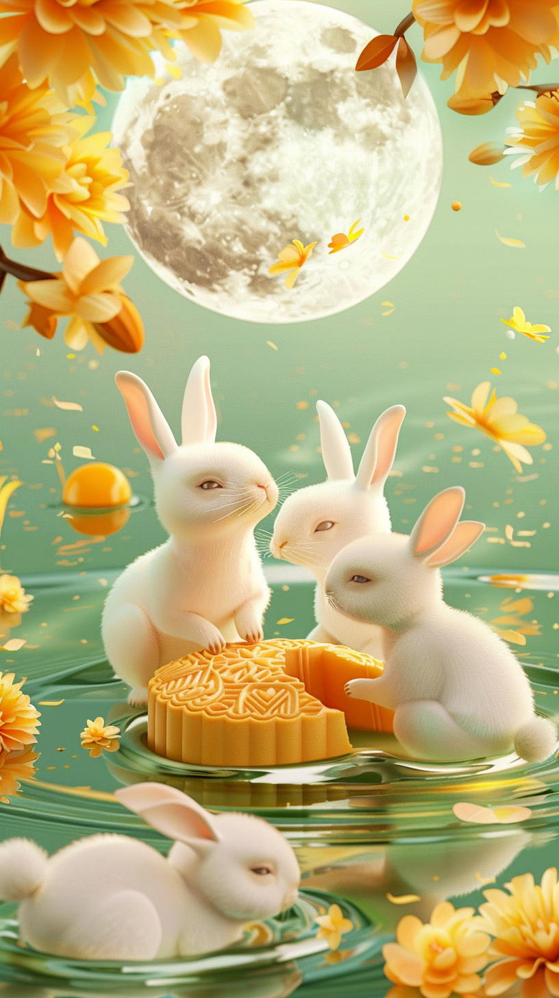 Four rabbits eating mooncake near osmanthus tree, calm water.