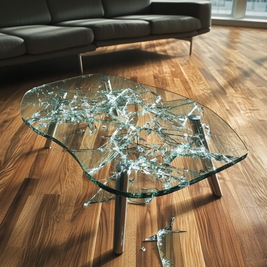 Fragments of glass spread out on wooden floor.