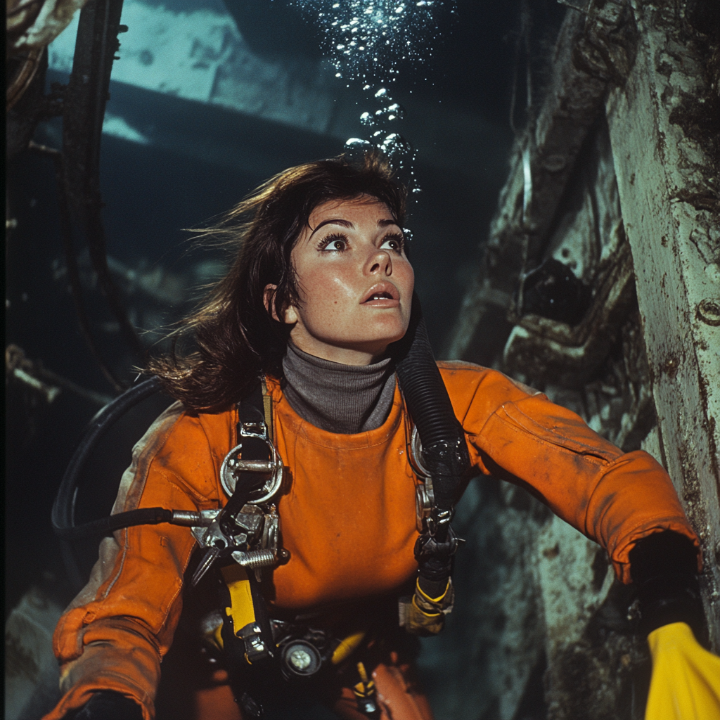 French brunette diver exploring sunken ship in colorful gear.