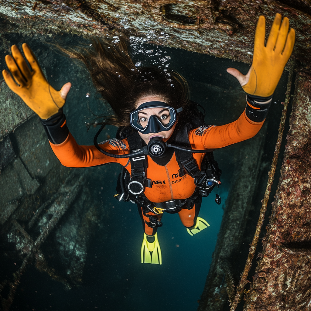 French brunette diving in sunken ship wearing orange drysuit.