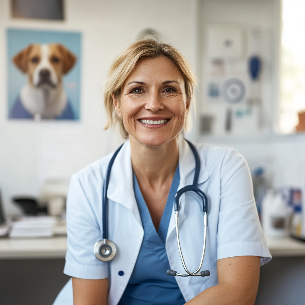 Friendly, professional veterinarian woman in modern, well-lit office.