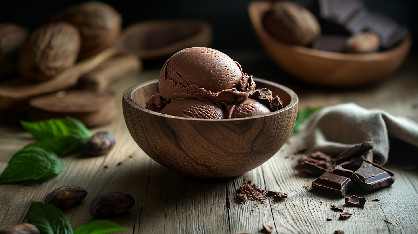 Frontal view bowl chocolate gelato on table