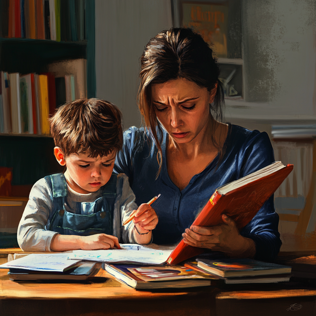 Frustrated Mother Helping Child with Homework, Modern Living Room