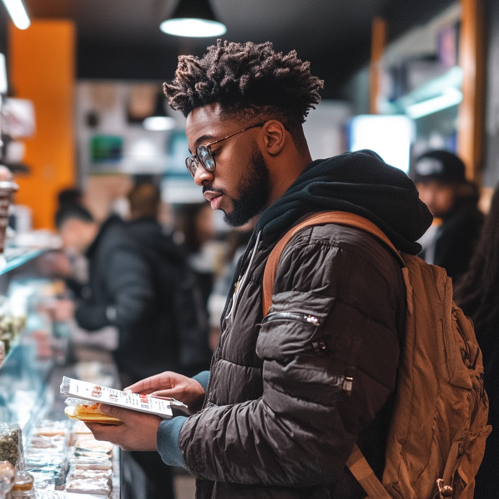 Frustrated young black man at expensive smoke shop