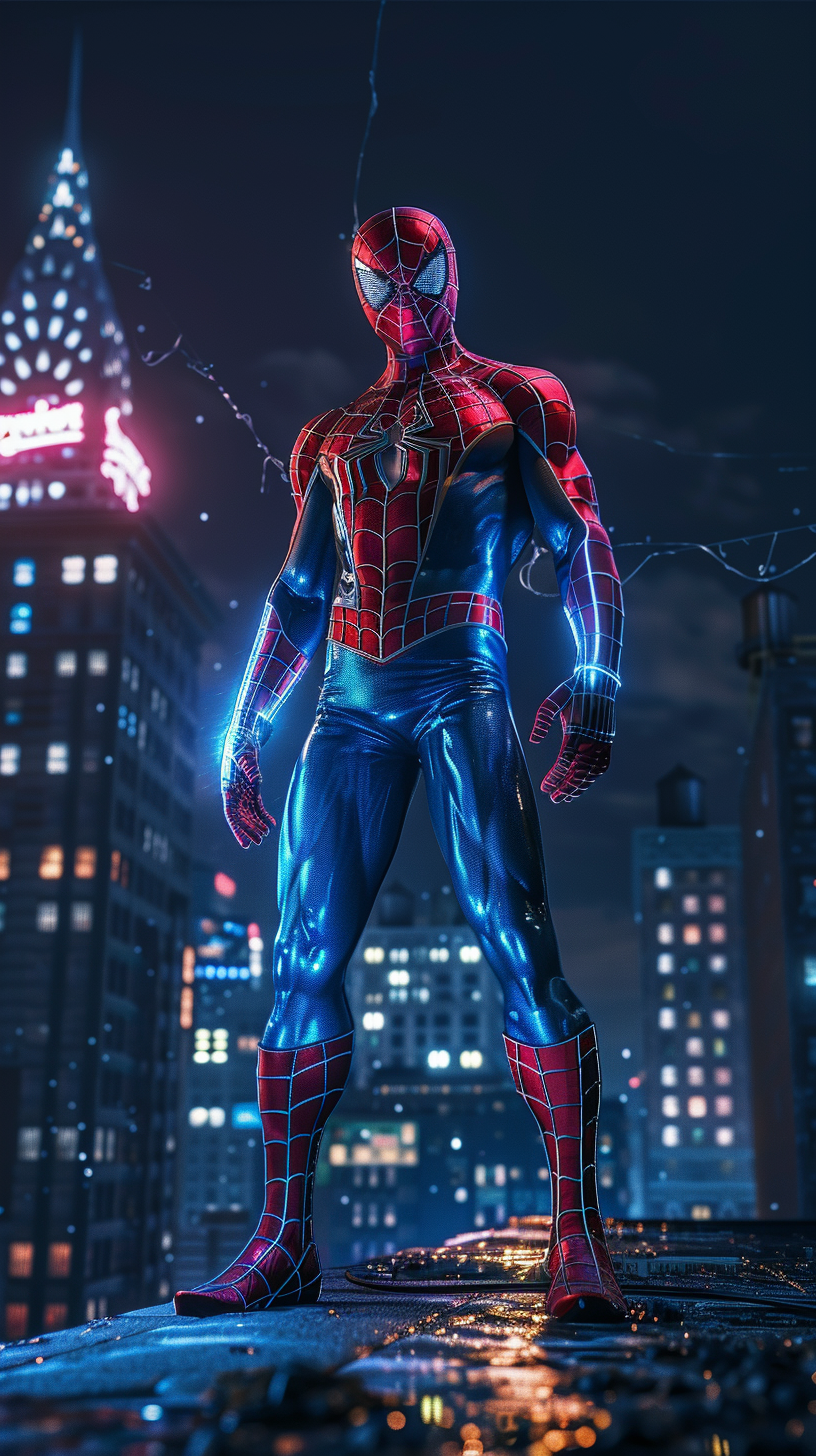 Full-body Spiderman standing heroically on New York rooftop at night.