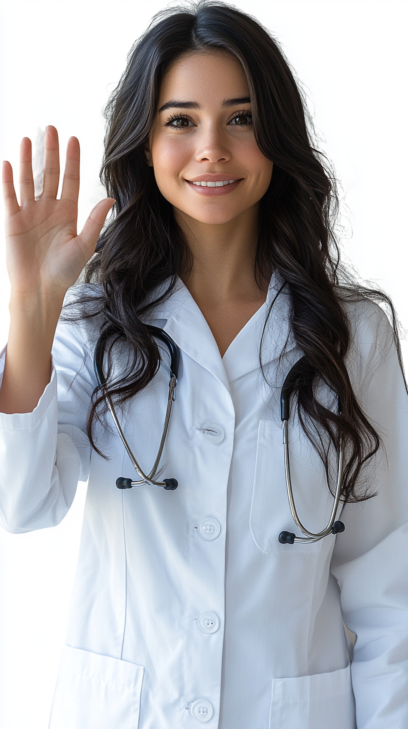 Full body photo of smiling young American doctor.