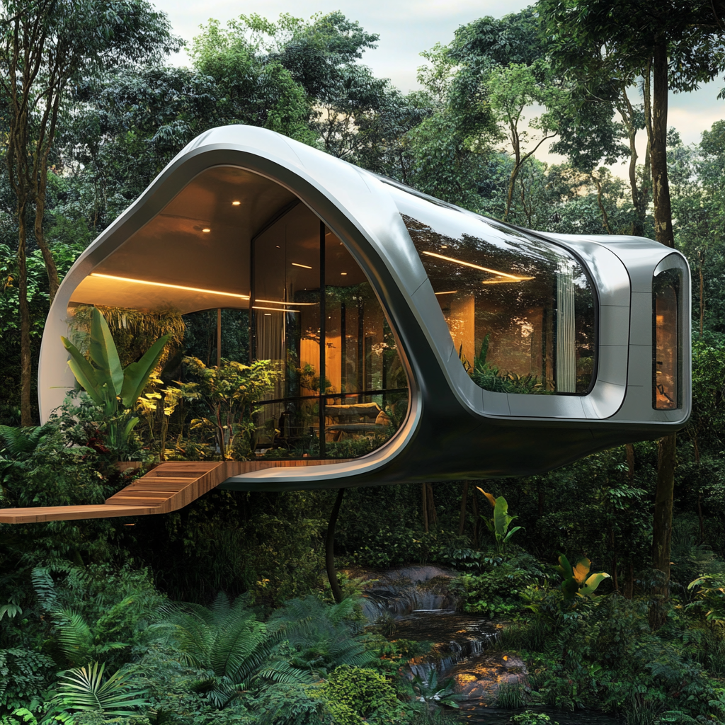 Future tiny house in jungle, budget-friendly, unique shape.