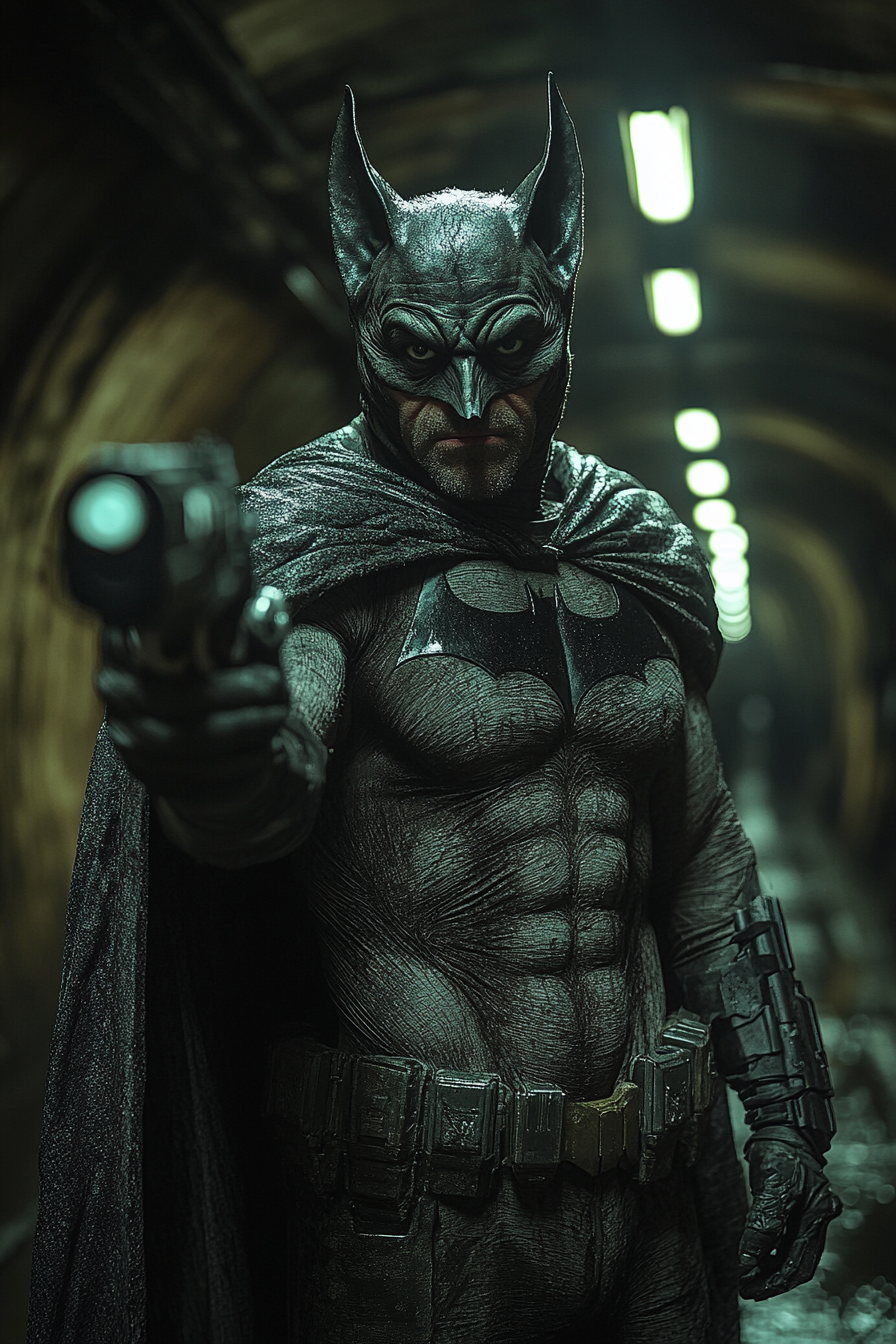 Futuristic bat holding weapon in dark underground tunnel.