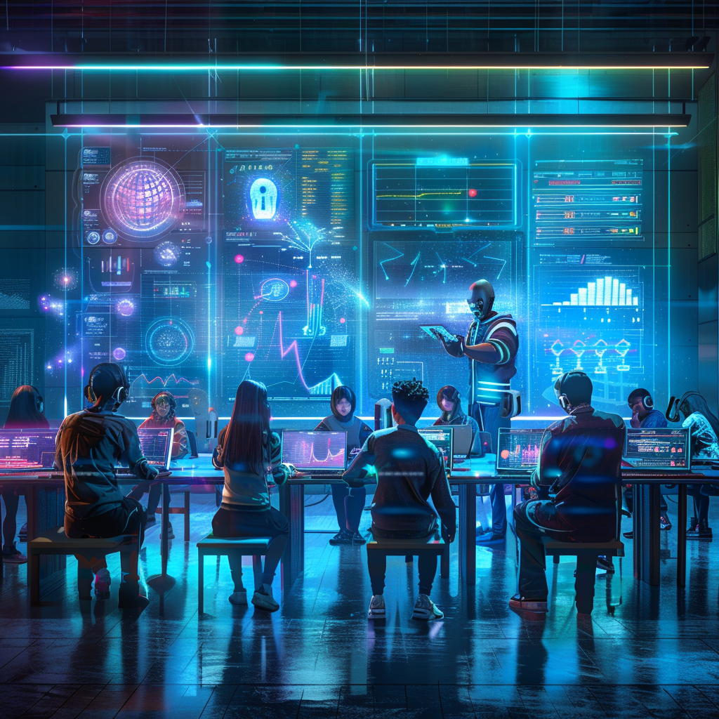 Futuristic classroom with diverse students and AI devices.