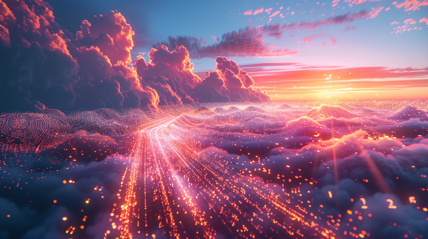 Futuristic digital pixel clouds road to sunrise stock photo.