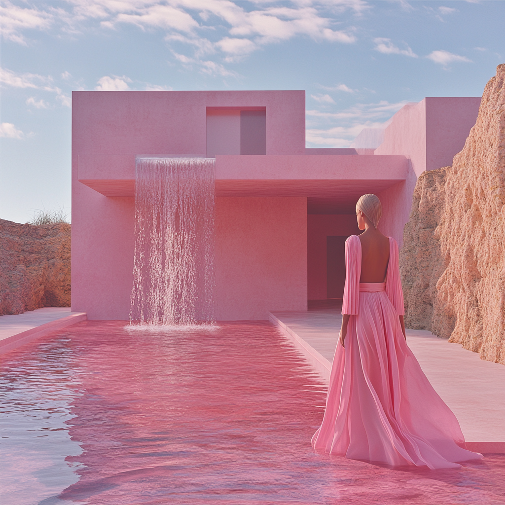 Futuristic lunar waterfall house, pink tones, minimalist style.