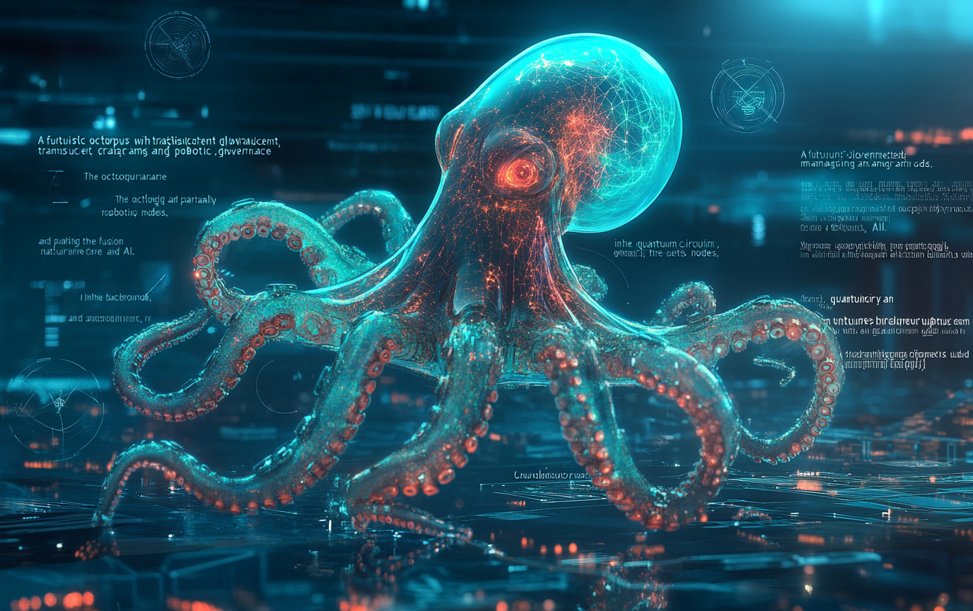 Futuristic octopus with glowing arms managing transparent governance nodes.