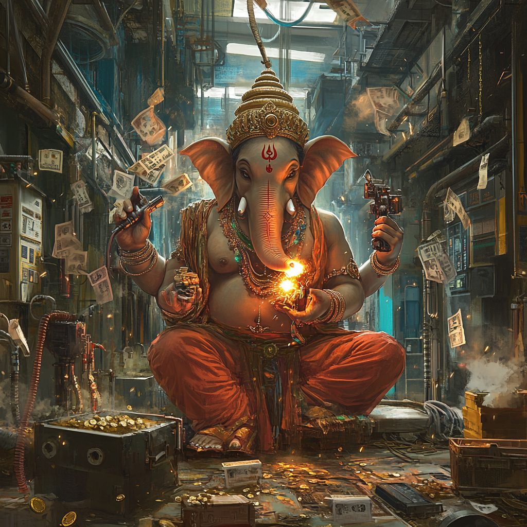 Ganesha: Welder of Wealth in Cyberpunk Workshop