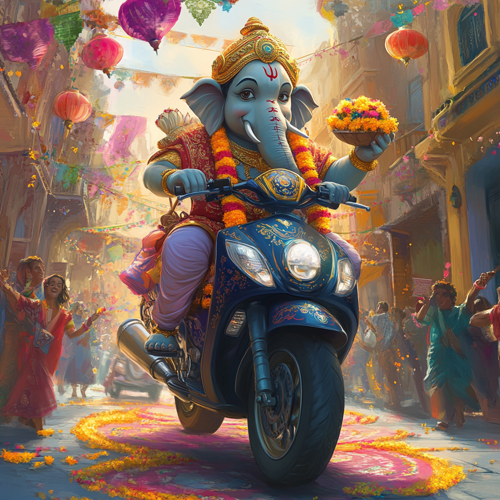 Ganpati Bappa rides bike with festive decorations happily.