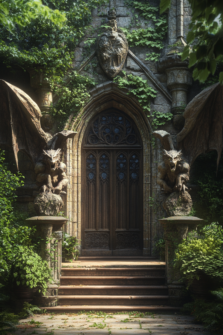 Gargoyle-adorned entryway evokes ancient, mystical Western Gothic aesthetic.