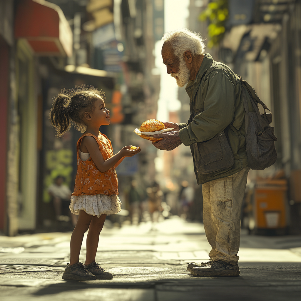 Generous 5-year-old girl offers sandwich to man on skid row during daylight, 8K photo. 