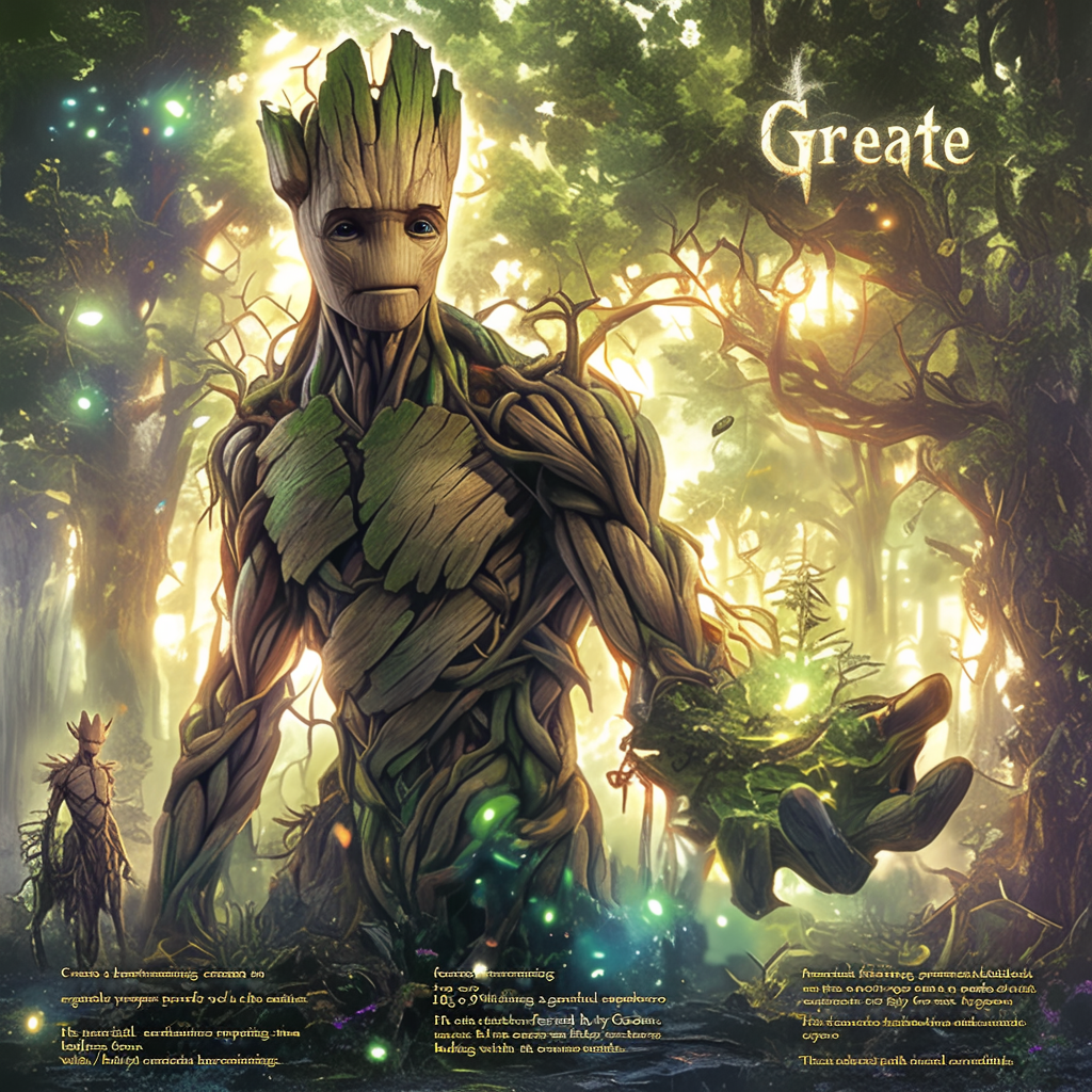 Gentle superhero Groot in enchanted forest, nurturing nature.