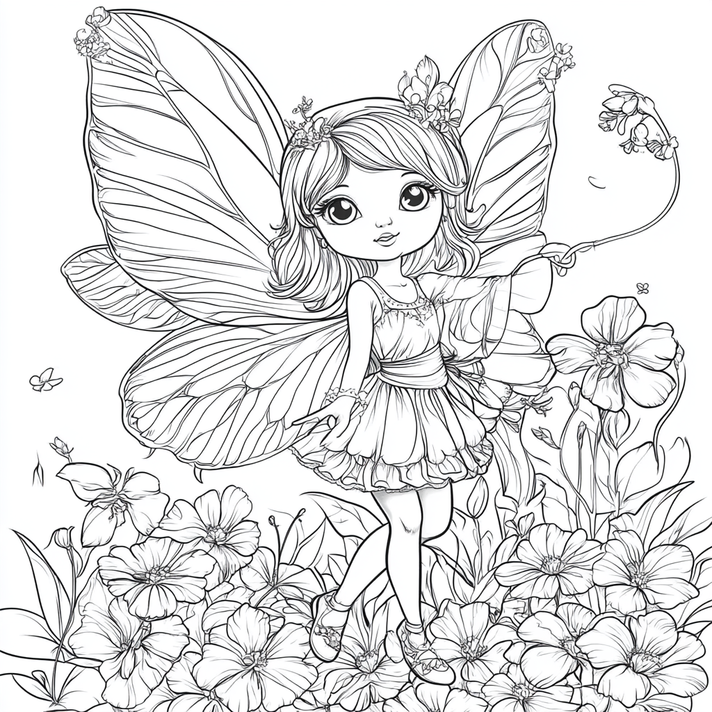 Geranium Flower Fairy Coloring Page for Kids, Cartoon Style