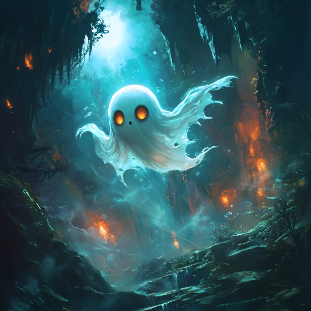 Ghostly creature flying in dark fantasy world on mobile game.