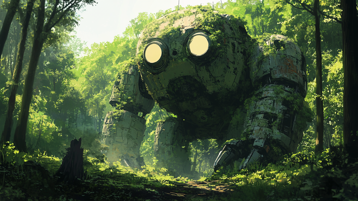 Giant robot in forest with illuminated eyes. Anime style.