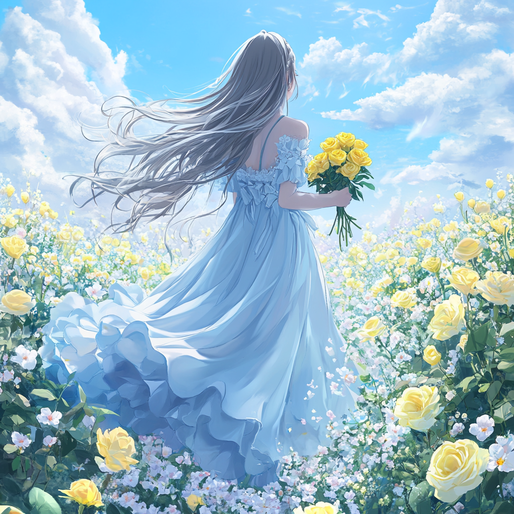 Girl holding yellow roses in pastel anime garden.