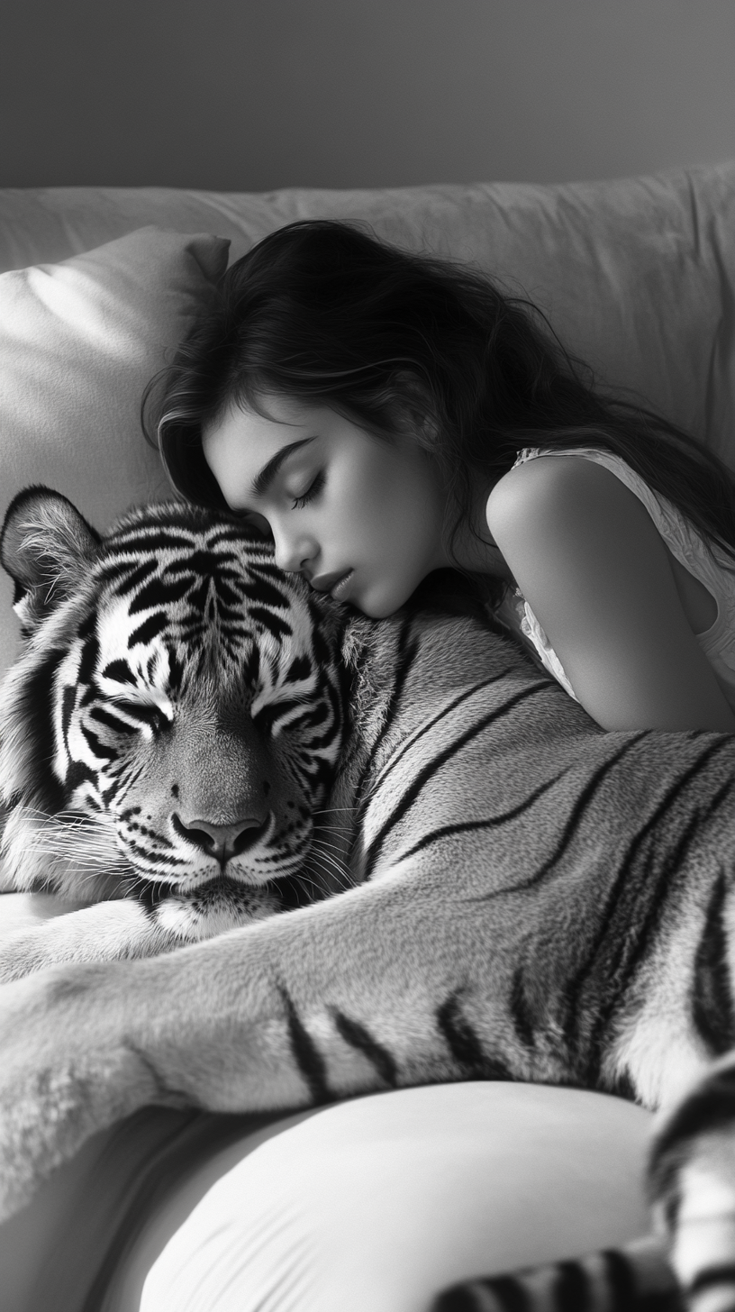 Girl napping on couch with tiger nearby in monochrome.