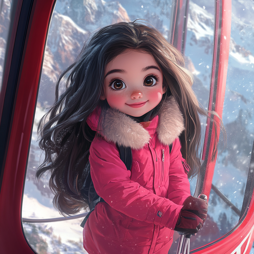 Girl with long dark hair in pink ski suit.